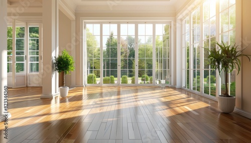 A spacious  bright room with polished hardwood floors bathed in natural light  creating a welcoming and open atmosphere