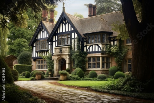 Elegant Tudor house style. Retro garden. Generate Ai