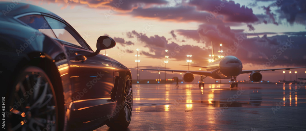 Luxurious car awaits departure as airplanes take off against a dramatic sunset sky. Luxurious car awaits departure as airplanes take off against a dramatic sunset sky.