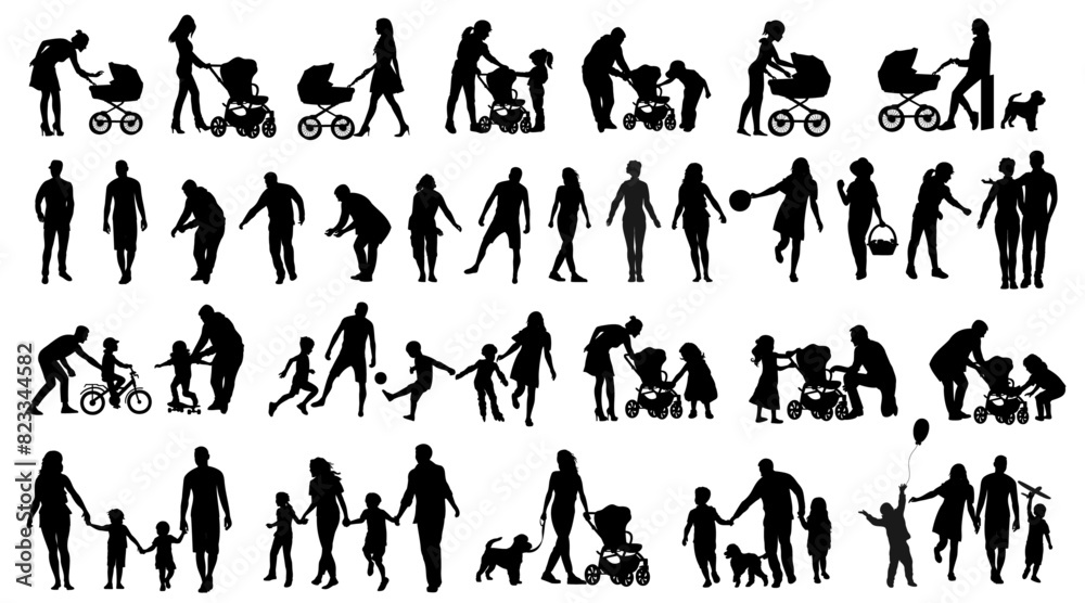 Family silhouettes. Father,  mother and children walk together. Vector illustration