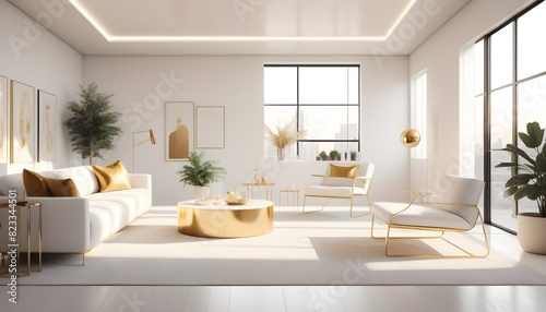 white and gold theme interior modern minimalism photo realism