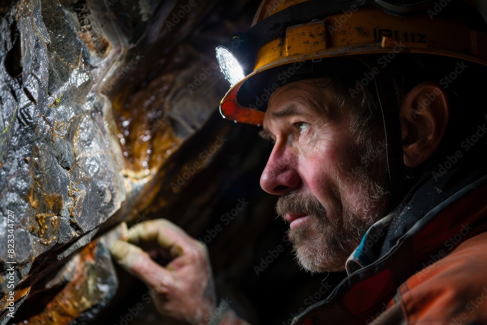 Miner in protective gear closely examining a rocky surface in the mine, showcasing detail-focused work
