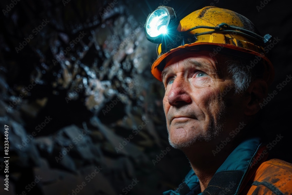 A vivid capture of an aged miner looking upwards, his headlamp casting light on his weathered face A vivid capture of an aged miner looking upwards, his headlamp casting light on his weathered face