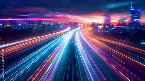 Vibrant cityscape motion blur captured at twilight  showcasing colorful light trails of fast-moving traffic with an illuminated urban skyline.