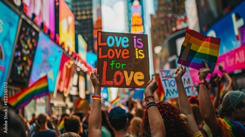 close-up photo of hands holding signs reading "Love is Love" and "Equality for All" at a pride parade
