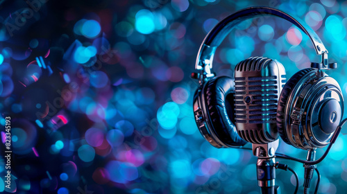 Headphones and a vintage microphone against a vibrant bokeh light background.