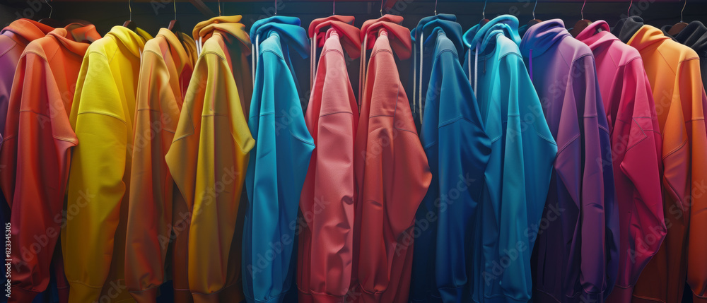 Vibrant rainbow of hoodies on display, showcasing a spectrum of fashion color. Vibrant rainbow of hoodies on display, showcasing a spectrum of fashion color.