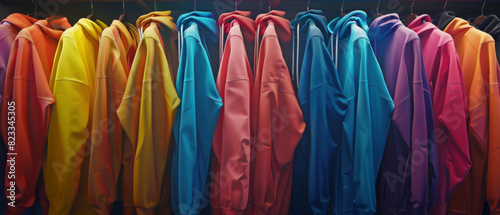 Vibrant rainbow of hoodies on display, showcasing a spectrum of fashion color. © Ai Studio