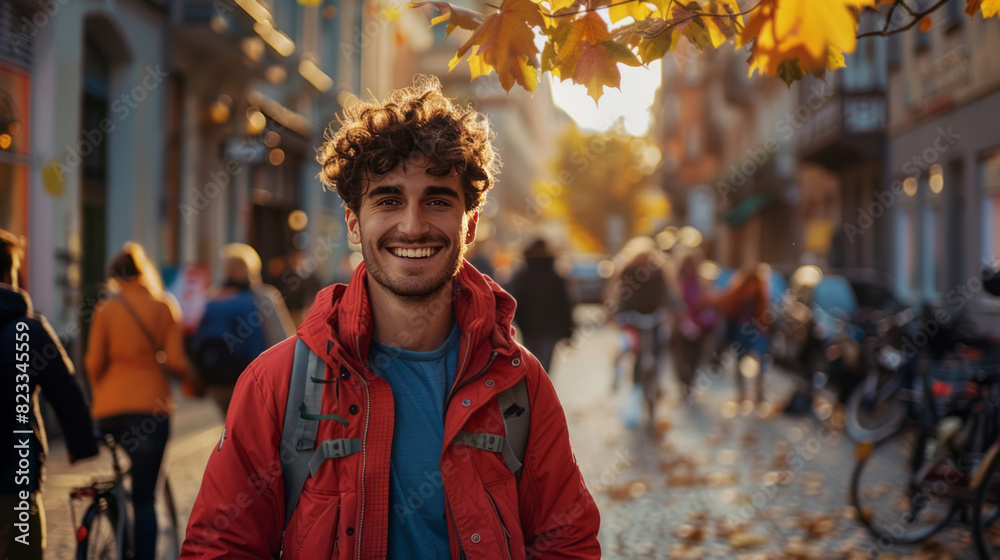 A man with curly hair smiling as he walks down the street, wearing a red jacket and blue shirt, with people passing by on bicycles and cars. A man with curly hair smiling as he walks down the street, wearing a red jacket and blue shirt, with people passing by on bicycles and cars.