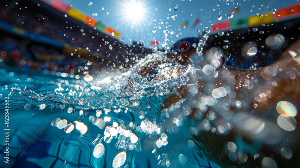 Olympic swimming event. Sport competition. Swimmers. Close-up water level view. Water splashing as swimmers race each other. Olympic swimming event. Sport competition. Swimmers. Close-up water level view. Water splashing as swimmers race each other.