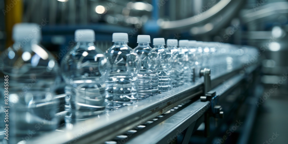 The water bottle production line shows plastic bottles moving along the conveyor belt in closeup.
