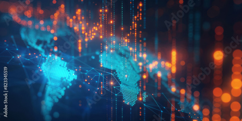 A background featuring digital charts and graphs, with a blue-colored world map and glowing lines representing global financial data against a dark backdrop.