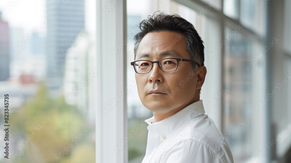 A middle-aged man in glasses and a white shirt is standing by the window of an office building, overlooking the cityscape outside. A middle-aged man in glasses and a white shirt is standing by the window of an office building, overlooking the cityscape outside.