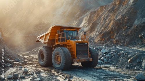 A massive mining truck driving on a dusty road within a quarry  illuminated by the warm light of a setting sun  showcasing industrial strength.