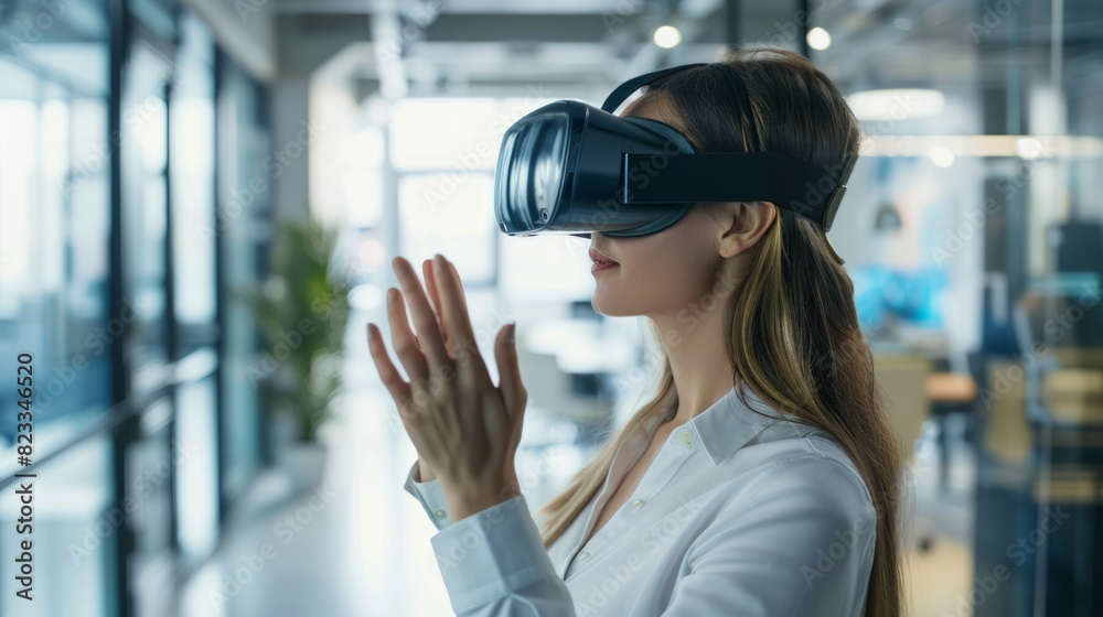 A woman wearing a VR headset is working A woman wearing a VR headset is working