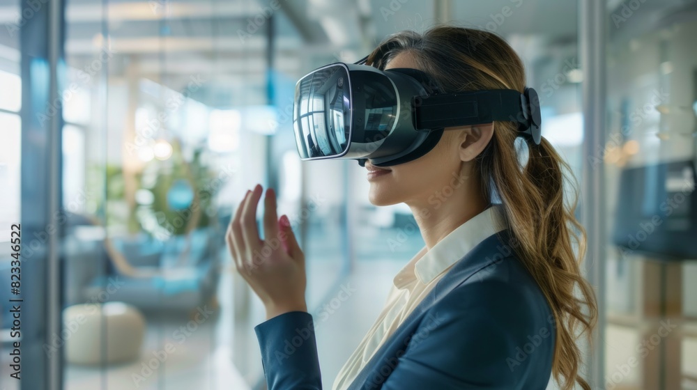 A woman wearing a VR headset is working A woman wearing a VR headset is working