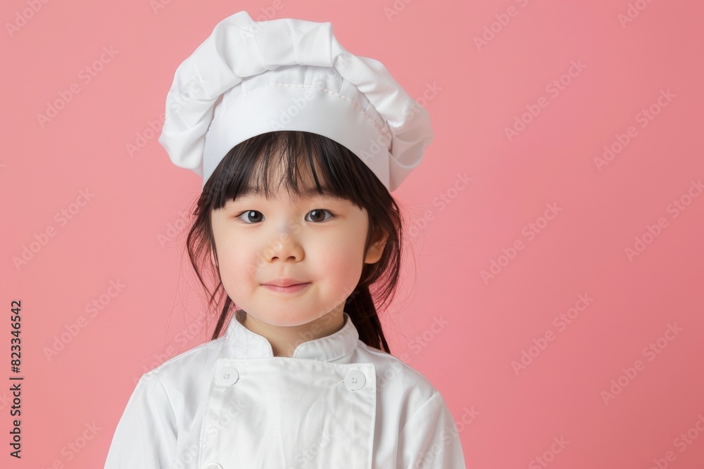cute asian smiling child in chef’s uniform - hat and clothes - portait on plain background, culinary cooking studio concept with copy space cute asian smiling child in chef’s uniform - hat and clothes - portait on plain background, culinary cooking studio concept with copy space