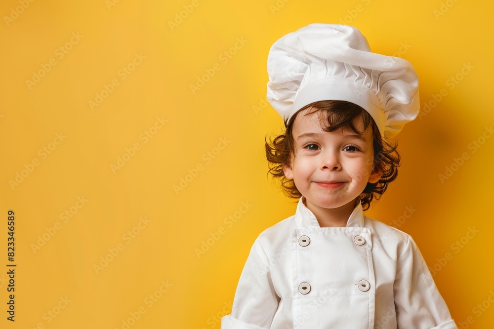 cute caucasian smiling child in chef’s uniform - hat and clothes - portait on plain background, culinary cooking studio concept with copy space cute caucasian smiling child in chef’s uniform - hat and clothes - portait on plain background, culinary cooking studio concept with copy space