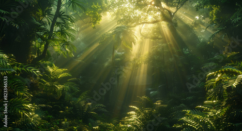 forest sunlight patterns, sunlight shining through the thick forest canopy, bathing the earthy surfaces below in warm hues and highlighting their textures