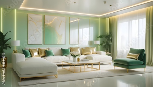 white and gold theme interior modern minimalism photo realism