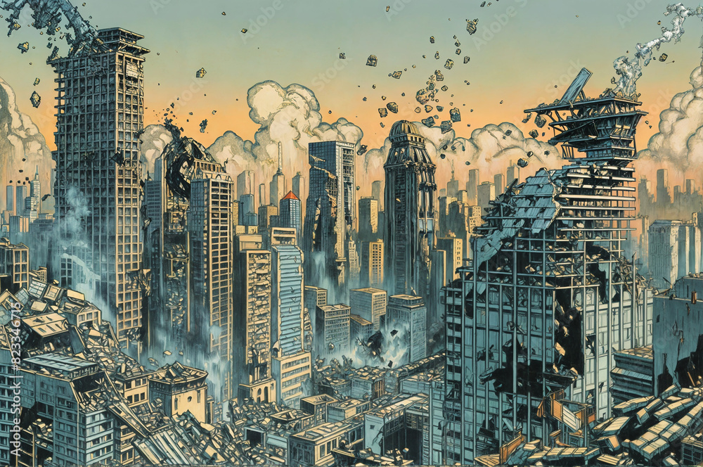 comic book illustration of a crumbling cityscape in ruins after a ...