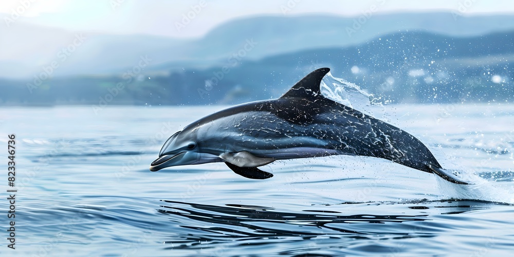 Fototapeta premium Dolphin leaping during whale watching tour in Tobermory Scotland. Concept Wildlife Photography, Marine Animals, Travel Adventures, Exciting Wildlife Encounters