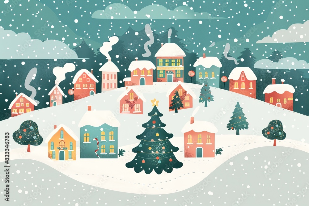 Evening winter village landscape with snow covered house. Christmas holidays vector illustration