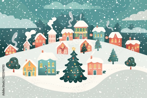 Evening winter village landscape with snow covered house. Christmas holidays vector illustration