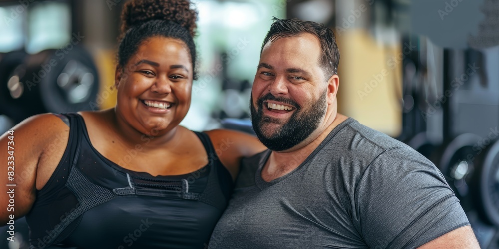plus size smiling mixed race couple in a gym. chubby diverse man and woman in fitness club, looking at camera wearing sports clothes