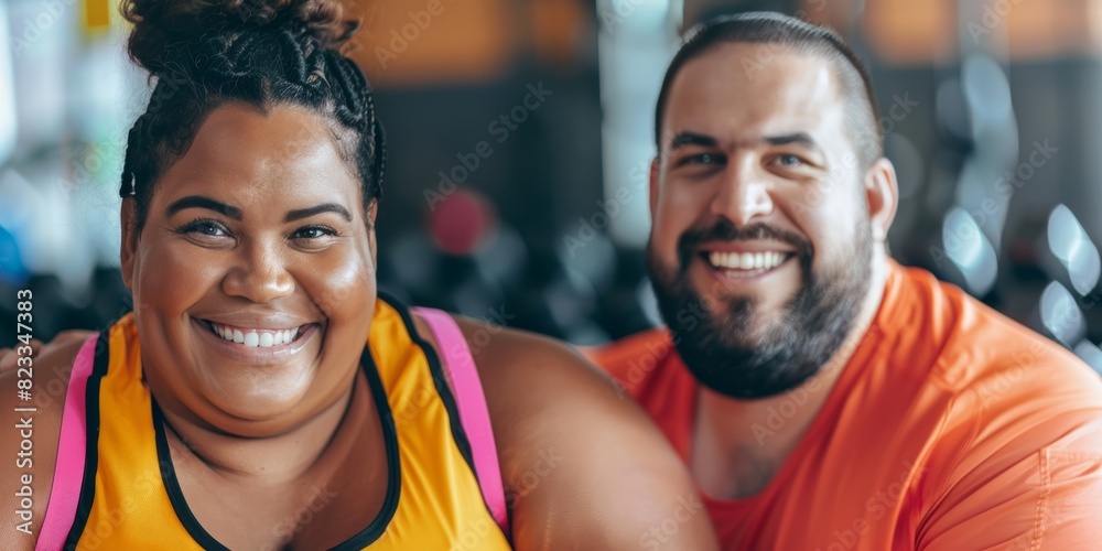 plus size smiling mixed race couple in a gym. chubby diverse man and woman in fitness club, looking at camera wearing sports clothes plus size smiling mixed race couple in a gym. chubby diverse man and woman in fitness club, looking at camera wearing sports clothes