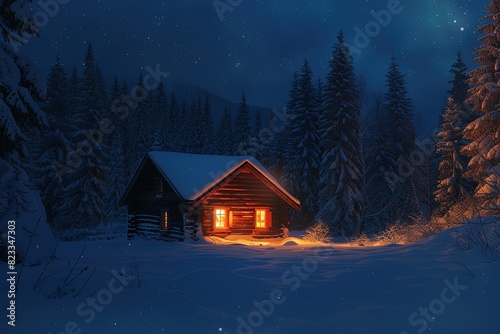 A winter landscape featuring an isolated wooden cabin and snow-covered fir trees on a mountain meadow deep within the forest. Christmas postcard. Snowy mountains forest 