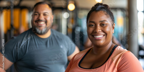 plus size smiling mixed race couple in a gym. chubby diverse man and woman in fitness club, looking at camera wearing sports clothes