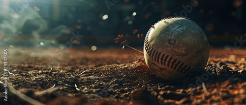 A weathered baseball rests on the dirt, evoking summer days and the spirit of the game. photo