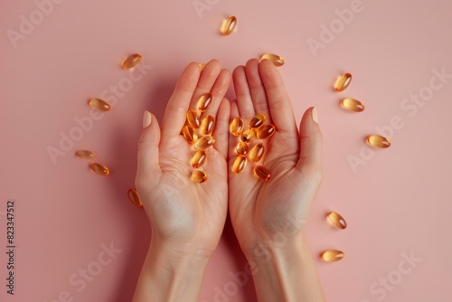 top view woman holding omega three capsules in her hands, top view plain background. food supplement concept, handful of omega 3