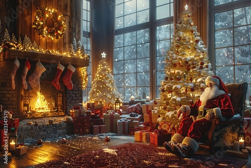 Santa Claus sits in an armchair in a beautiful Christmas interior. Christmas and New Year concept.