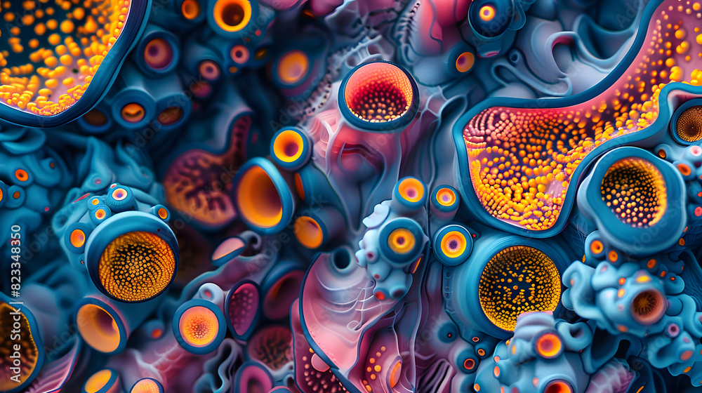 Naklejka premium A photo featuring bold colors and graphic patterns seen from above, creating a visually striking composition of abstract elements. Highlighting the vibrant hues and graphic designs, while surrounded b