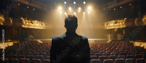 Man in the spotlight facing empty theater seats, capturing a moment of solitude and anticipation.