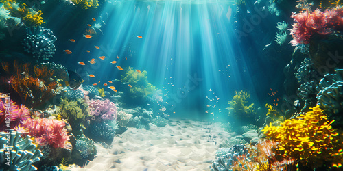 Underwater view of a coral reef with many tropical fish The water is crystal clear 