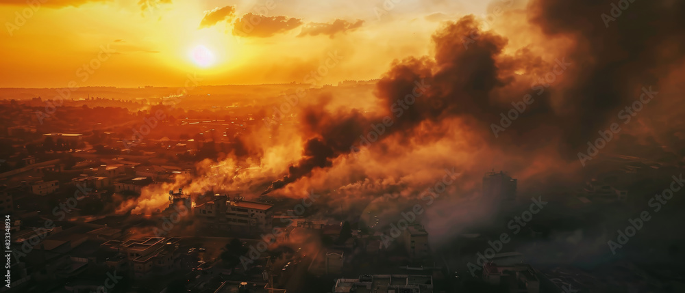 Fiery sunset looms over an urban sprawl enveloped in billowing smoke, evoking unrest.