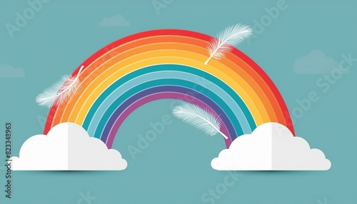 Colorful background with a rainbow with three white feathers. It can be used for postcards, presentations, or social media representing concepts of summer, creativity, diversity