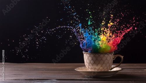  Colorful background with a rainbow poured out of a cup. It can be used for postcards, presentations, or social media representing concepts of summer, creativity, diversity photo