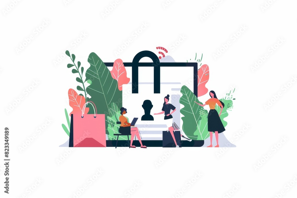 Fototapeta premium Family oriented e commerce security with advanced digital protection, featuring encrypted data and secure transactions in a green pink vector illustration for safe online shopping