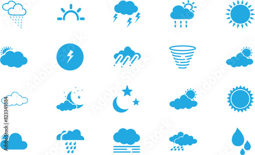 a large collection of icons representing weather and climate in a variety of colors