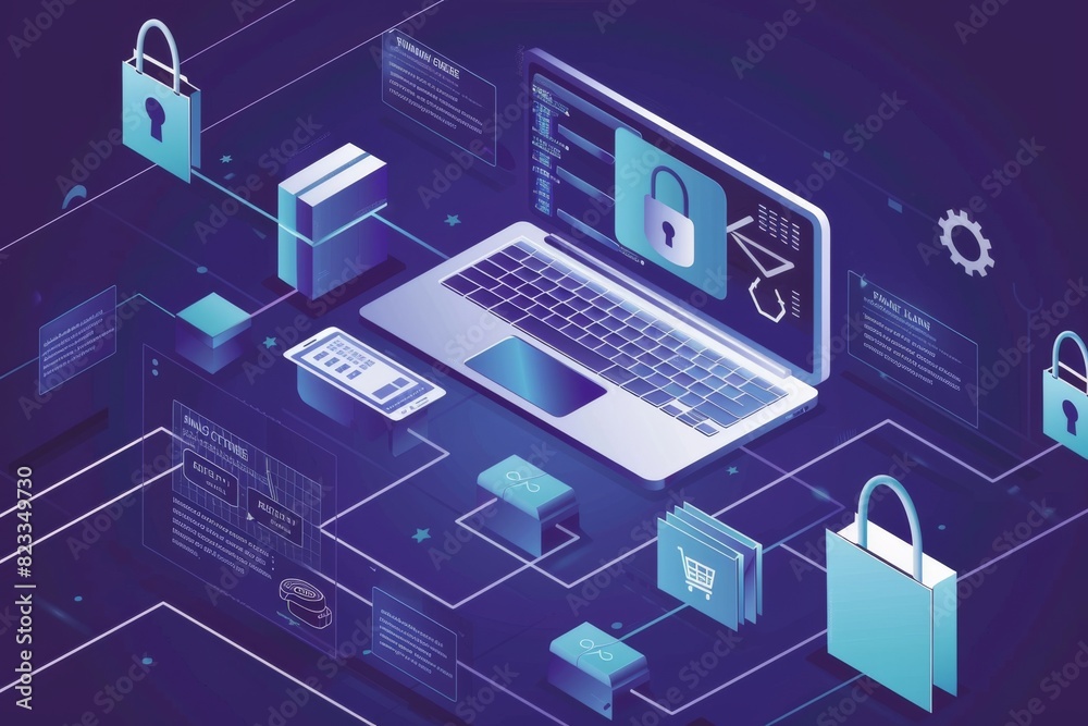 Comprehensive cybersecurity measures with encrypted data protection, featuring a secure digital network and modern tech interface in purple blue colors for safe online and computer security Comprehensive cybersecurity measures with encrypted data protection, featuring a secure digital network and modern tech interface in purple blue colors for safe online and computer security