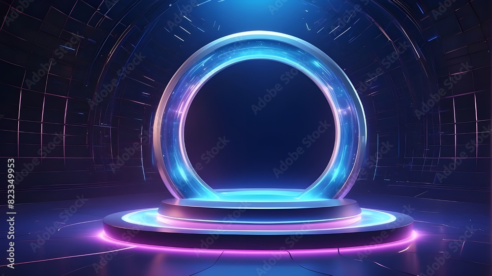 Holographic gateway in blue color. Magical gateway of imagination. podium teleporting in a circle with a holographic appearance. futuristic, high-tech, abstract technology design. circular form. Round Holographic gateway in blue color. Magical gateway of imagination. podium teleporting in a circle with a holographic appearance. futuristic, high-tech, abstract technology design. circular form. Round
