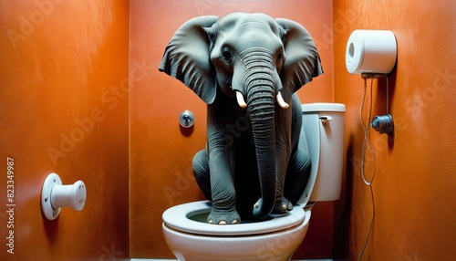 Humorous image of an elephant awkwardly perched on a toilet in a small, orange-painted bathroom. The scene is surreal and whimsical, highlighting the elephant's large size in a confined space.