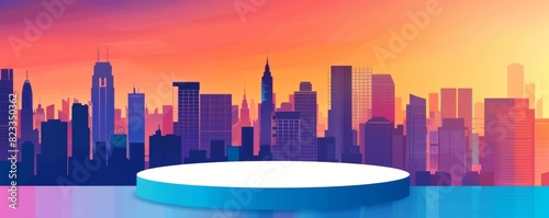 Stylish pop art podium with cityscape silhouette and vibrant sunset sky