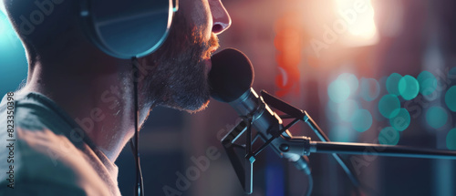 Intense close-up of a male singer recording vocals in a sound studio.