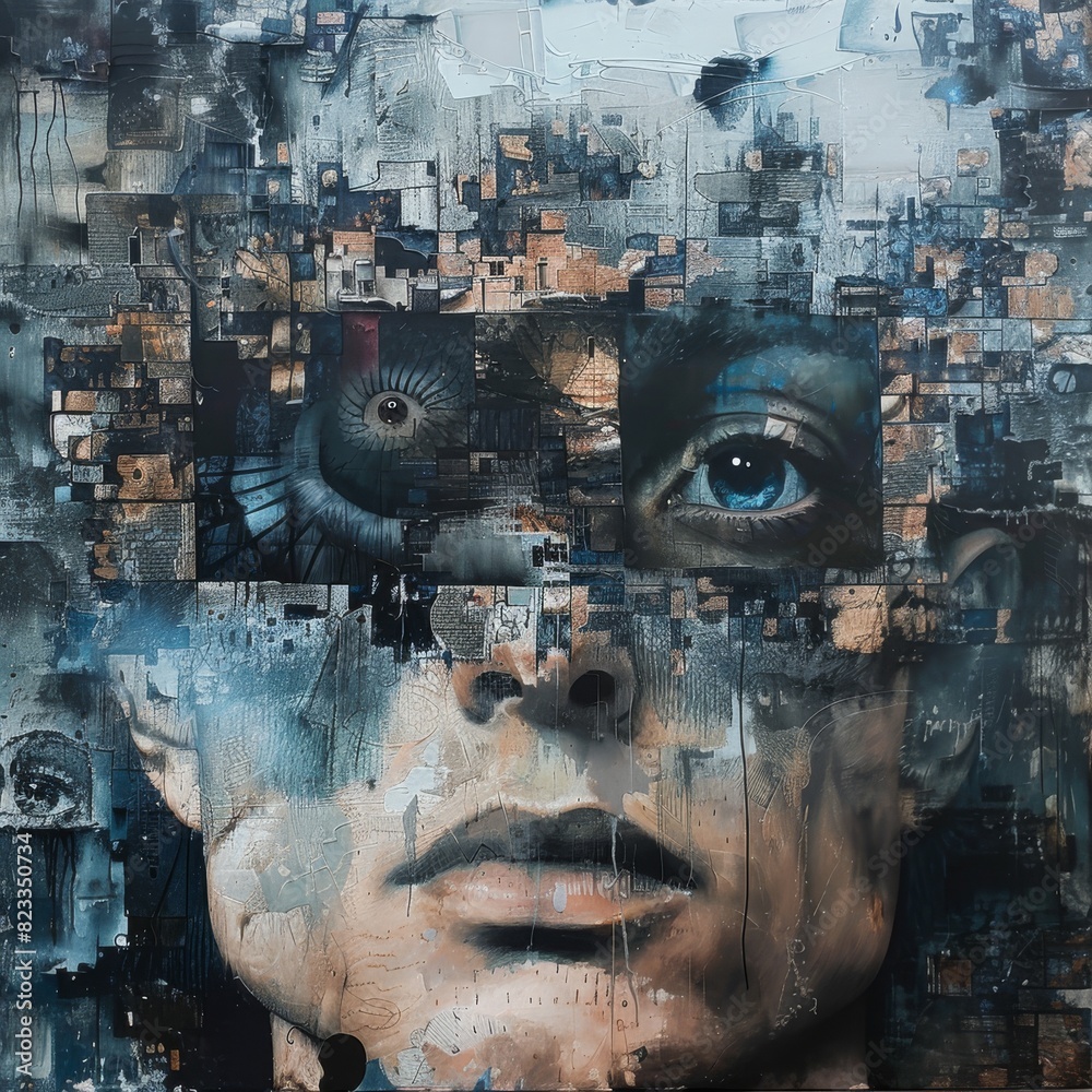 Surreal artwork featuring a man's face with fragmented, abstract elements merging into a chaotic cityscape background with a prominent eye motif.