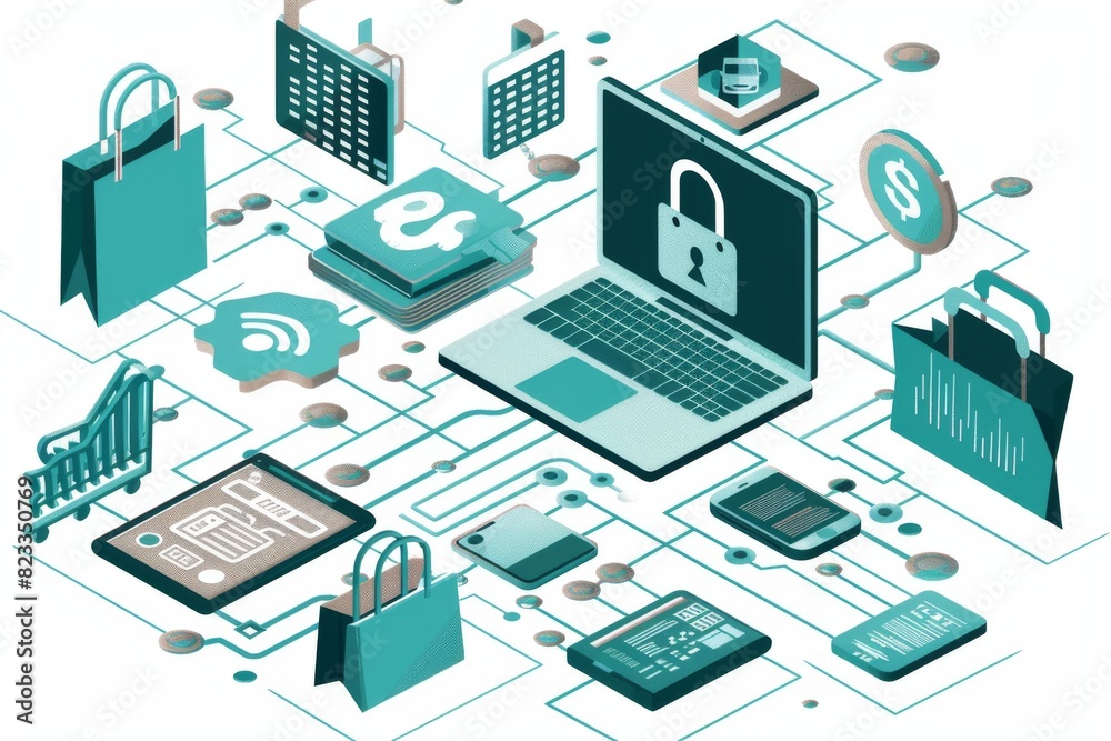 Fototapeta premium Network themed e commerce illustration with a locked laptop representing secure online shopping and digital security